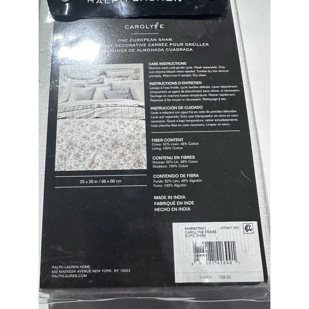 (2) Ralph Lauren CAROLYNE FRAME OFF WHITE GRAY LINEN Euro Shams 26x26 NEW